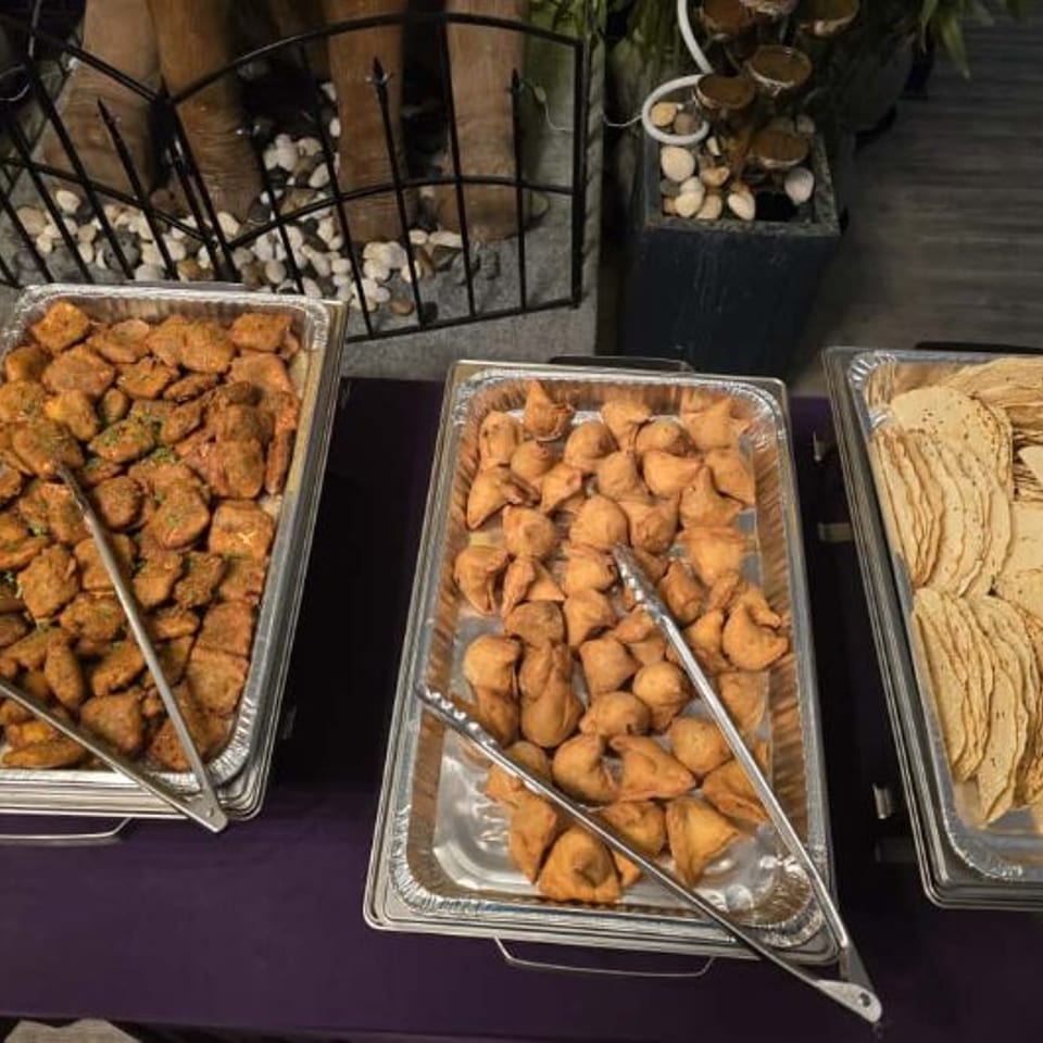Catering buffet with appetizers and flatbreads